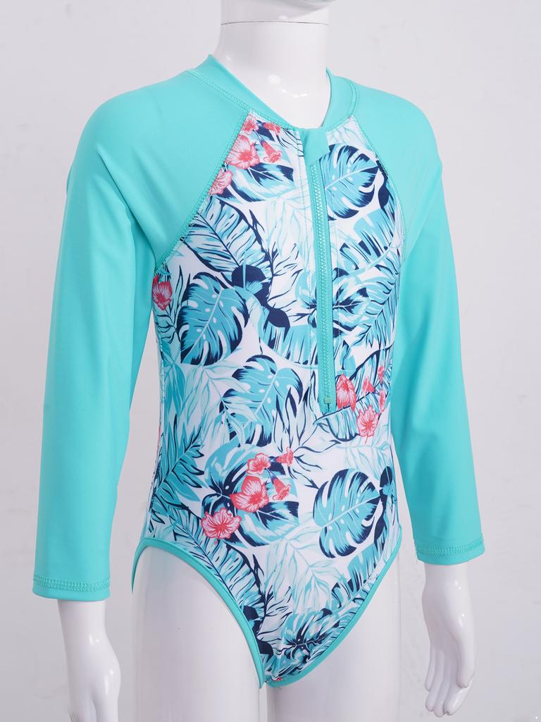 Детский купальник для девочек, купальный костюм на молнии с длинными рукавами и принтом пальм, купальный костюм, боди, пляжная одежда