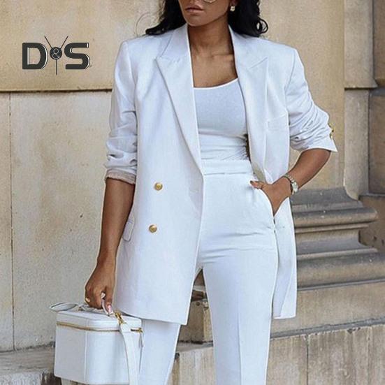 2 шт./компл., женское пальто, комплект брюк, двубортный кардиган средней длины с лацканами, куртка с длинными рукавами, широкие брюки с высокой талией, прямые брюки, женские формальные брюки для поездок на работу