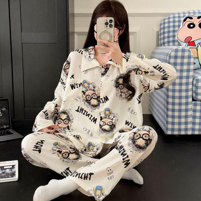 2025 Милый мультяшный женский пижамный комплект - Весенне-осенний кардиган с длинными рукавами и брюки