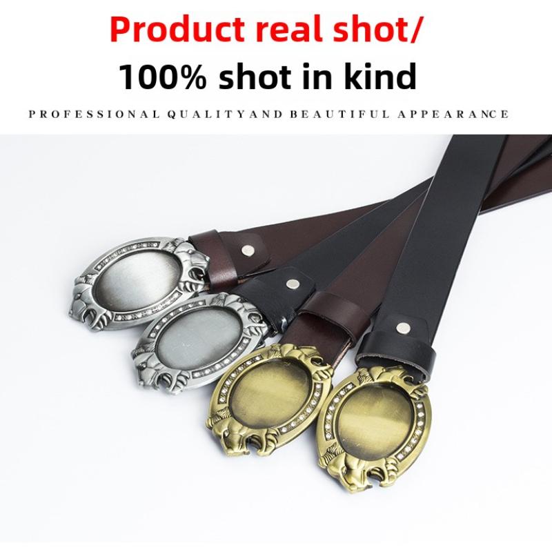 Simple and Fashionable Adult Belt Zinc Alloy Lion Head Diamond Plate Belt Whole Cowhide Four-season Retro Belt