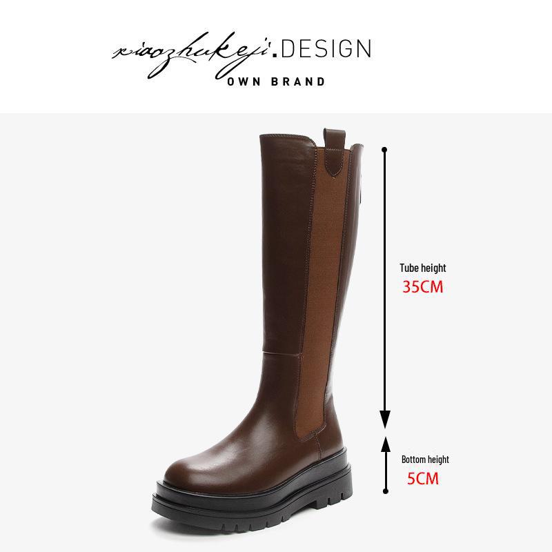 Женские сапоги до колена из натуральной кожи: Модные узкие туфли на толстой подошве осень/зима 2023 года.