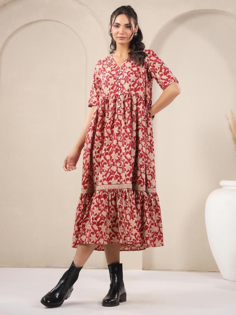 Платье с принтом ручной работы, летнее платье миди с ярусами из красного хлопка, цветочное платье в стиле бохо-шик, праздничное платье ручной работы в Индии с карманами и V-образным вырезом