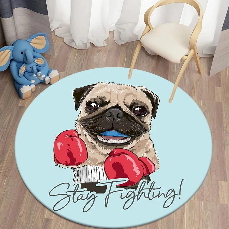 Милый ковер круглый с мопсом, кавайный коврик для питомца для декора гостиной, спальни, противоскользящий коврик для пола, круглый коврик для кухни, придверный коврик