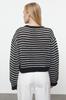 Women's Elegance Style Sweater Black Crop Openwork Perforated Striped Crew Neck Knitwear Sweater