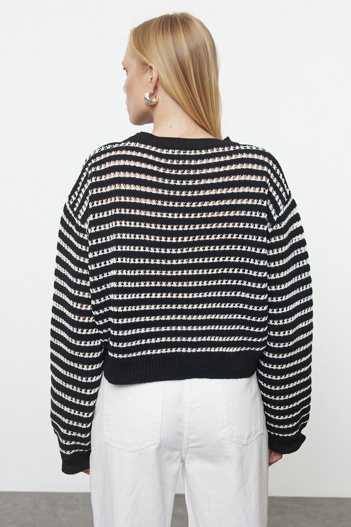 Women's Elegance Style Sweater Black Crop Openwork Perforated Striped Crew Neck Knitwear Sweater