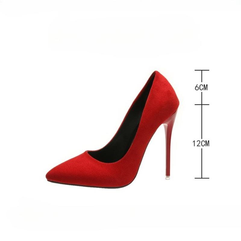 Модные большие женские туфли 35-45 простые флокированные туфли на высоком каблуке женские туфли на высоком каблуке с острым носком классические красные серые женские свадебные туфли офисные