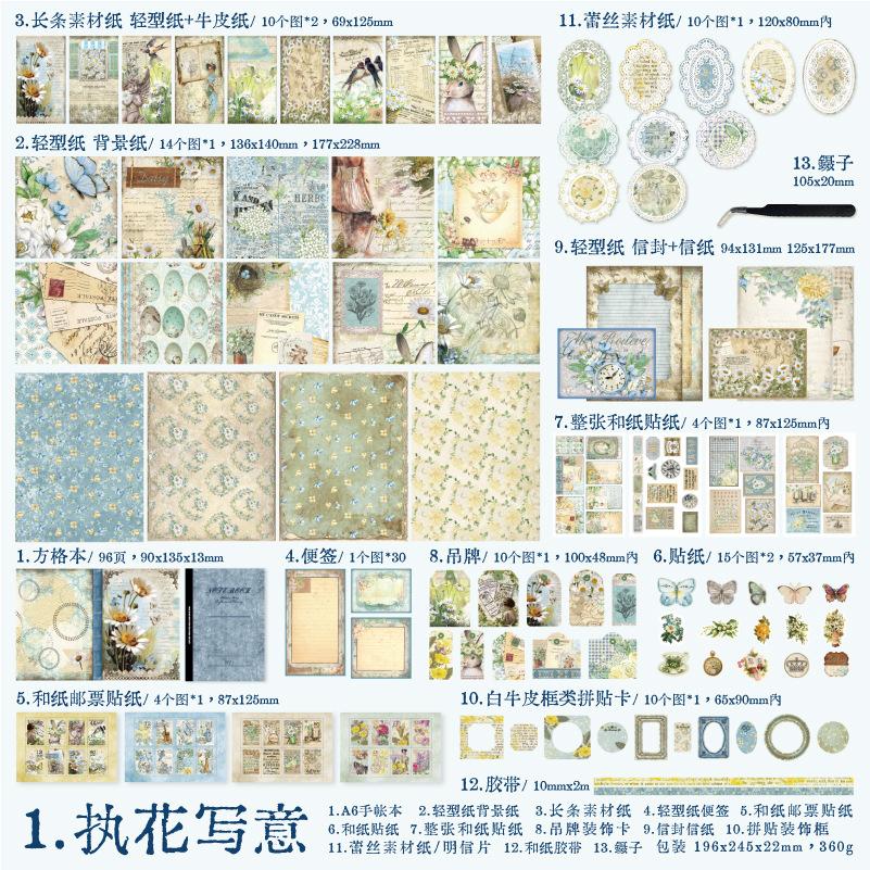 1box/202pcs Vintage Gift Box Set, Decorative Scrapbook Materials, Including Retro Papers, Stickers and Embellishments