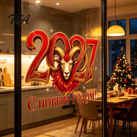 Three Dimensional Glass Ornaments 2027 New Year Window Clings, Double-Sided Red Gold Sheep Head Decals Reusable PVC Stickers for Glass, Static
