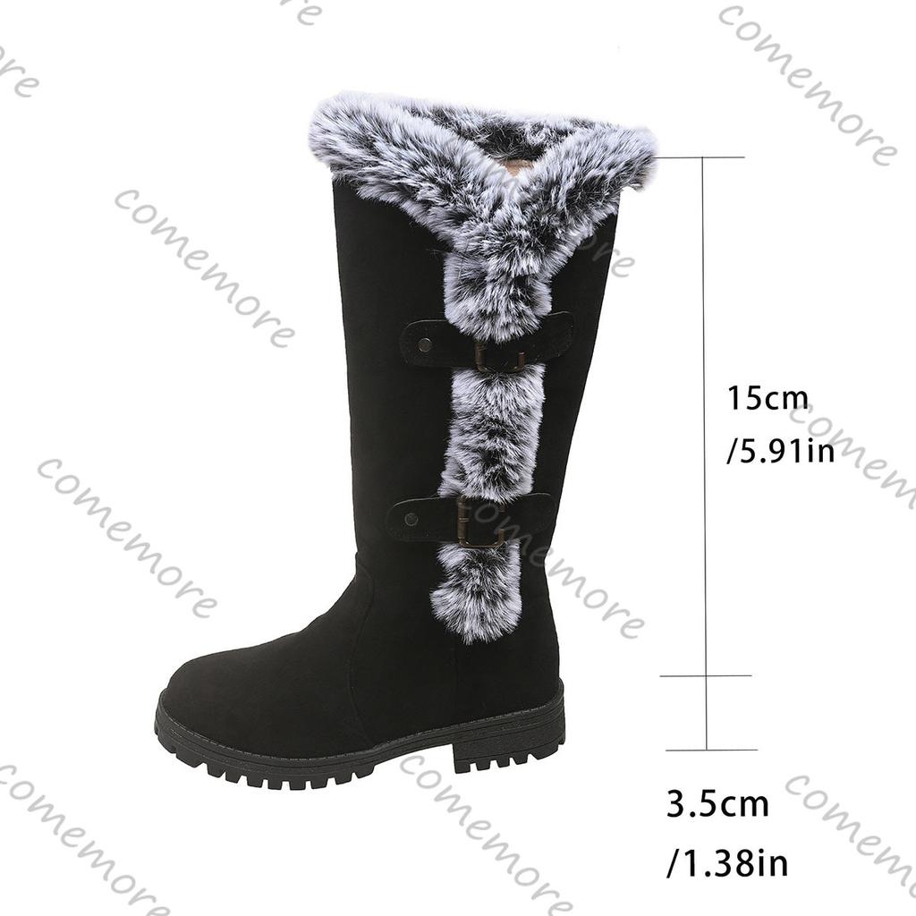 Fashion Comemore Winter Shoes for Women Velvet Thickened Snow Boots Thick Heel Round Toe Casual Belt Buckle Furry Mid-calf Boots Females