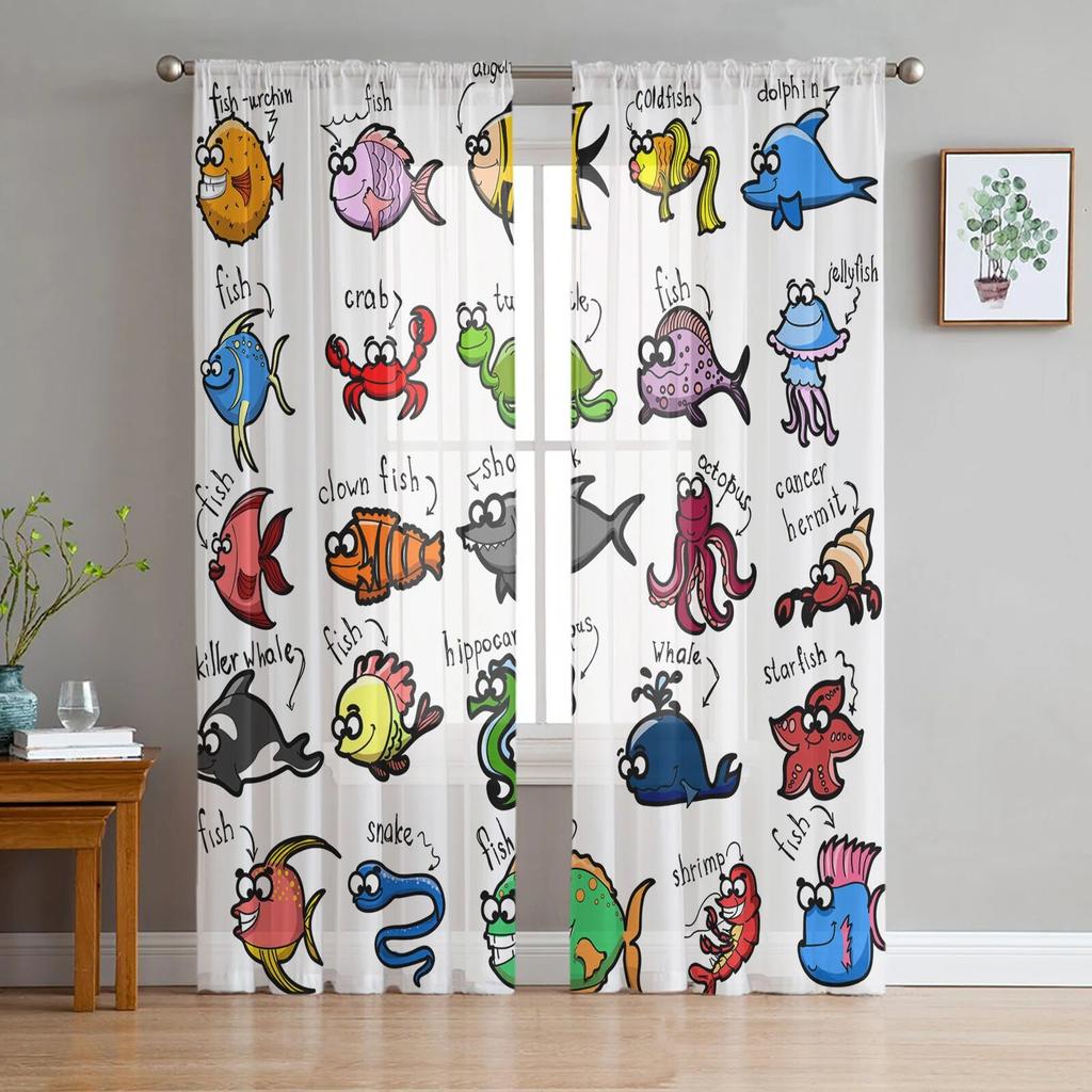Тюлевые занавески с рисунком рыбки, прозрачные оконные шторы для гостиной, кухни, детской спальни, вуаль, подвесная занавеска