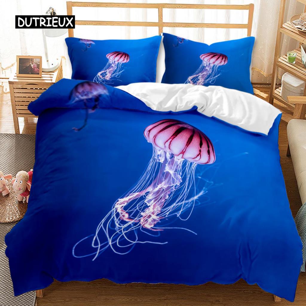 Комплект постельного белья «Морская жизнь» с изображением светящейся медузы, комплект постельного белья из полиэстера с изображением тропической морской рыбы под морем «Морская жизнь»