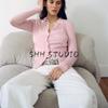Spring New Women's Clothing Wool Blend Ribbed Polo Shirt Collar Long Sleeves Knitting Cardigan Outwear 2142048