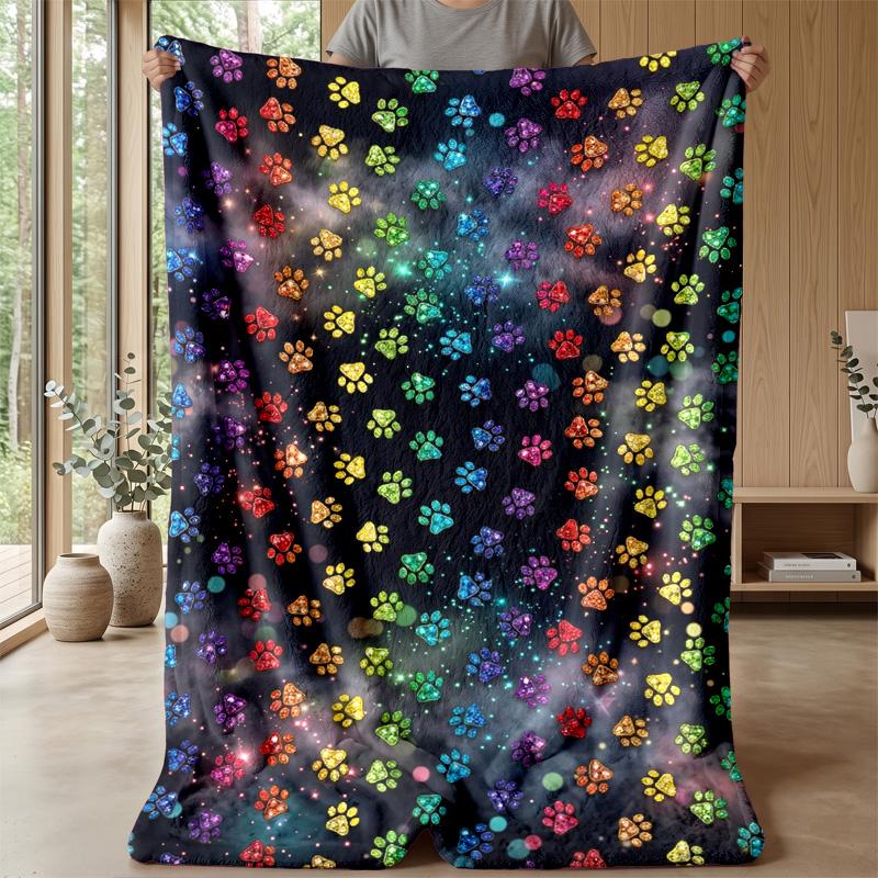 Rainbow Gemstone Paw Prints Theme blanket Lightweight Warm Flannel Blanket Decorative Throw Blanket for Home Decoration