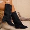 Женские замшевые высокие сапоги до колена на среднем каблуке, женская мода 2025 года, удобные туфли-лодочки для мотоциклистов, женские ботинки