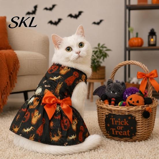 Holiday Pet Outfit Funny Halloween Dog Dress, Pumpkin Bat Spider Ghost Print Comfortable Costume Apparel, Puppy Skirt with Bow for Small Dogs,