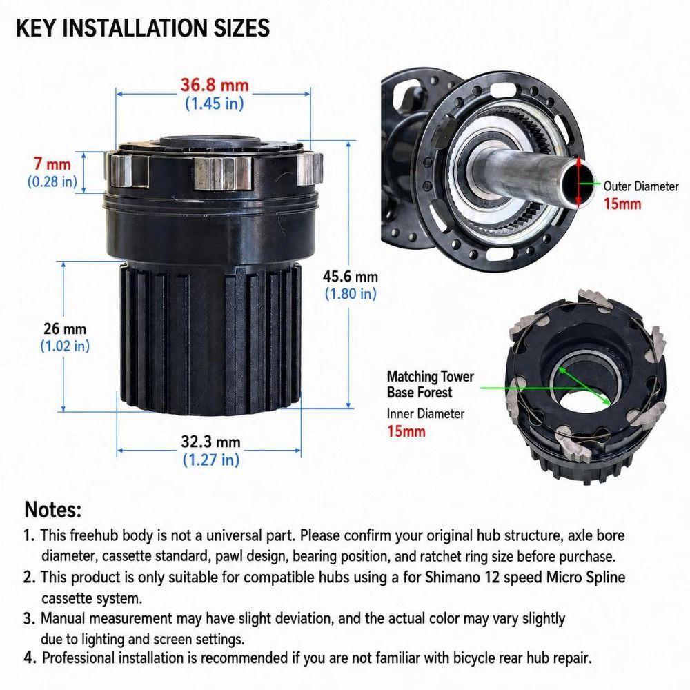 Black Bike Freehub Body for Shimano 12 Speed Micro Spline cassette Bicycle Rear Hub Repair