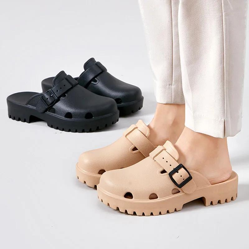 Goosecret New Heels Clogs Street Slides Beach Shoes Leisure Mules Sandals Hole Slides Women Platform Square Heels Modern Slipper