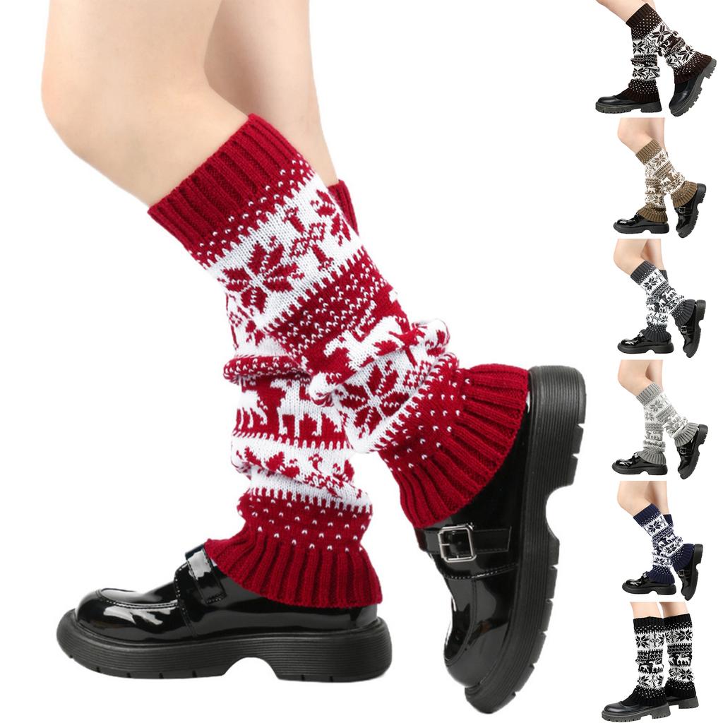 Women's Winter Thickened Christmas Socks With Snowflakes And Fawns, Stackable Knitted Wool Sock Covers