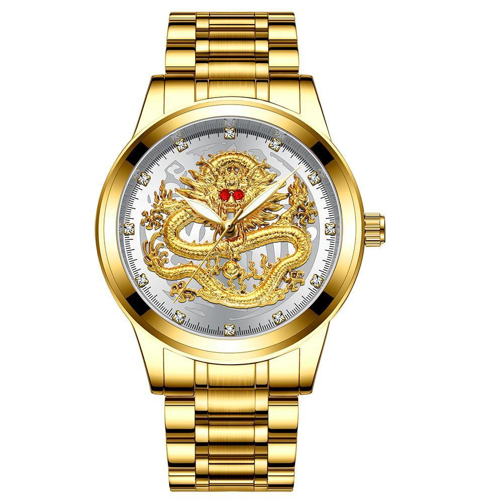 FNGEEN Men's Watch Light Luxury Relief Golden Dragon Watch Waterproof Diamond Inlaid Ruby Mens Quartz Watch