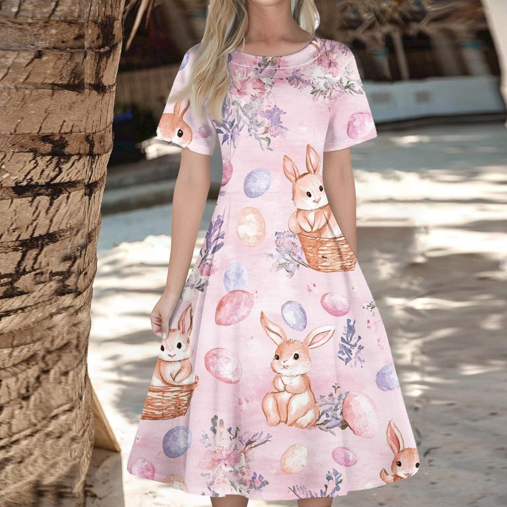 Женское повседневное модное платье с пасхальным принтом, круглое платье с коротким рукавом и талией, средней длины (с молнией)