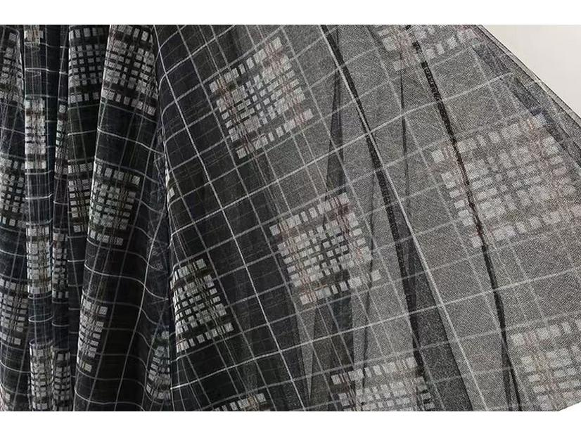 Elegant Plaid Patchwork Mesh Skirt with Large Pleated Hem