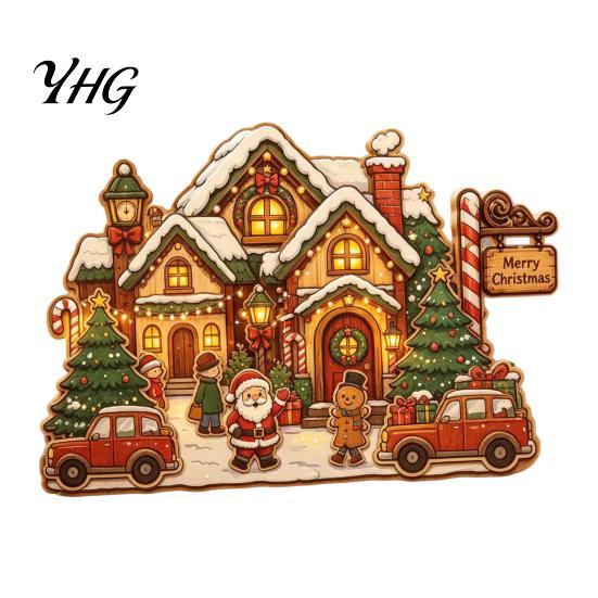 Rustic Winter Home Accents Christmas Wooden House Ornament, Santa Claus/Snowman/Elk Sleds/Winter Cabins Sturdy Wood Snowman Ornament Scene Figurines,