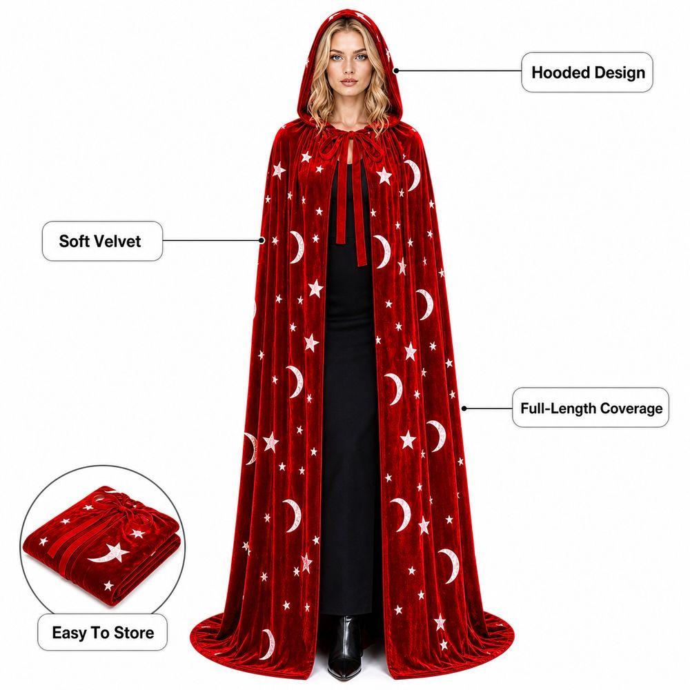 with Oversized Hood Halloween Hooded Cloak Moon and Star Print Vintage Hooded Cape