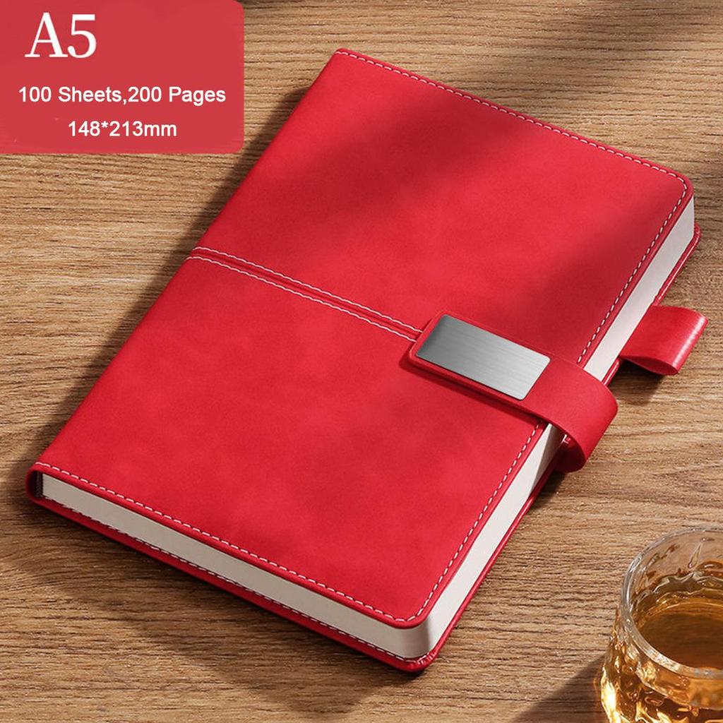 A5 Thickened Business Leather Buckle Notepad, Student Study Notebook, Work Meeting Record Book, Diary, 100 Sheets 200 Pages