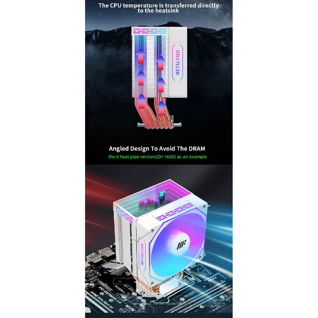 METALFISH Кулер для процессора ПК Белый Радиатор 4-контактный PWM Тихий ARGB Вентилятор Для Intel 1700 1200 1150 1155 1156 1366 2011 AM5 AM4 AM3 x99 x79