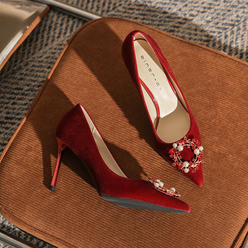 813-12 High Heels Women's 2025 New Show Clothes Rhinestone Pearl Wedding Shoes Pointed Head Shallow Mouth Stiletto Single Shoes