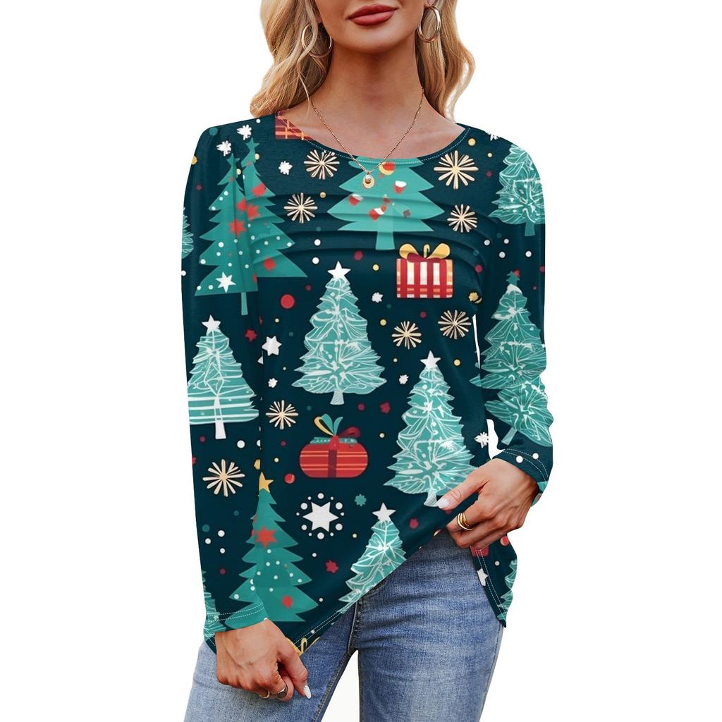 Женская футболка с круглым вырезом и длинными рукавами с принтом рождественской елки и снежинки