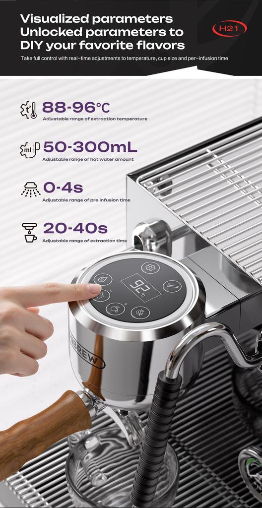 HiBREW H21 Профессиональная эспрессо-кофемашина, PID-контроль температуры, 3-бойлерная система, резервуар для воды 1,8 л, Кофемашина для капучино и латте