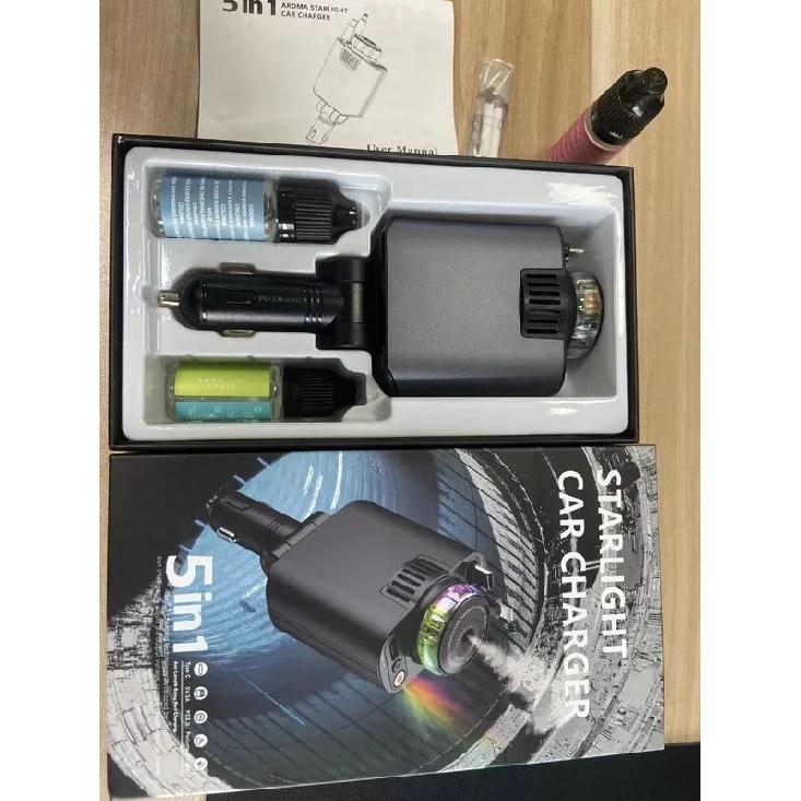 45W Retractable Car Charger with Starry Light Aromatherapy Diffuser Built-in USB-C Lightning Cables Fast Charging Adapter