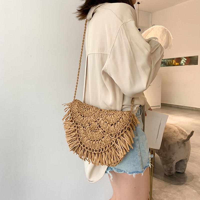 Соломенная сумка с кисточками для женщин, богемная пляжная сумка, тканая маленькая сумка через плечо, летняя полая сумка на плечо, женская сумка, кошелек