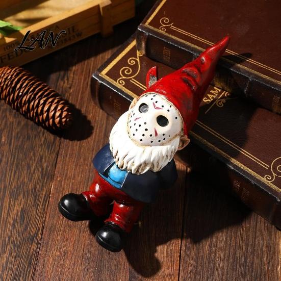 Handmade Realistic Figurine Crafts Halloween Voorhees Resin Figurine, Cute Horror Hockey Mask Gnome Statue Scary Masked Gnomes with Knife, Distressed
