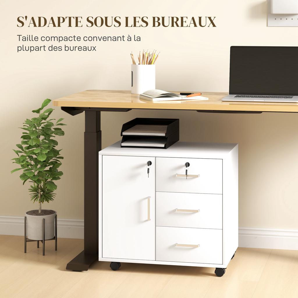 Office pedestal lockable storage unit with 3 drawers and adjustable shelf, wheels, 40 x 60 x 56 cm, white