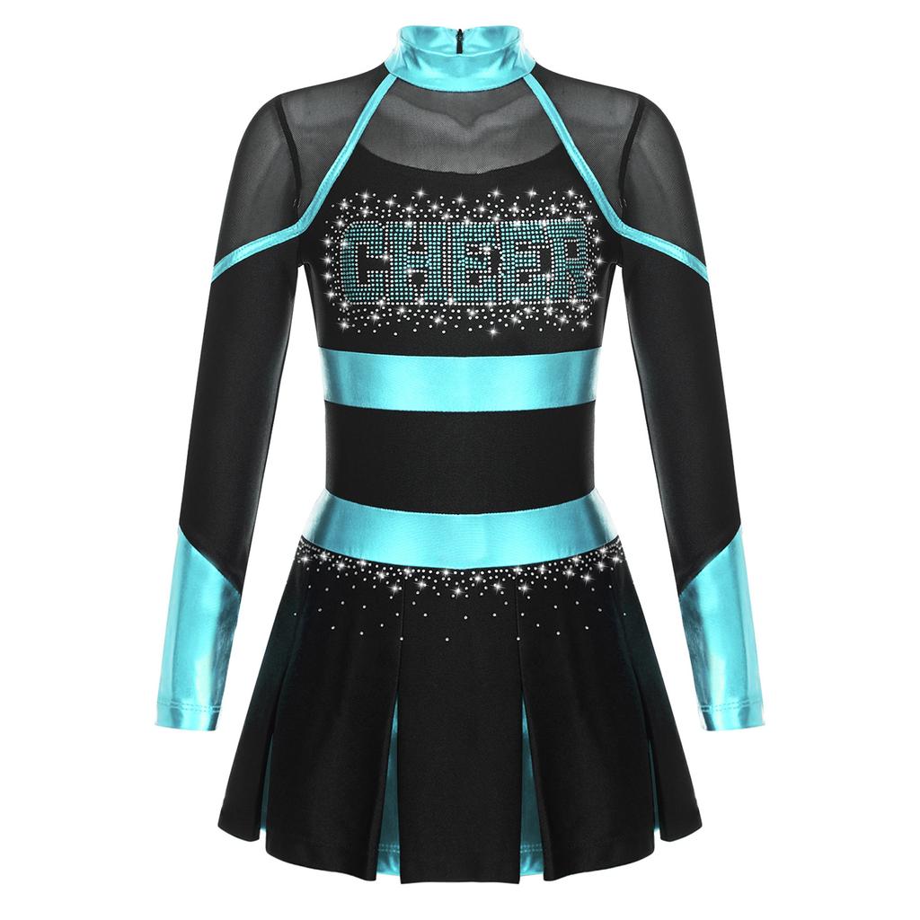 Girls Sparkly Rhinestones Letter Pattern Metallic Contrast Patchwork Long Sleeve Pleated Cheerleading Dress