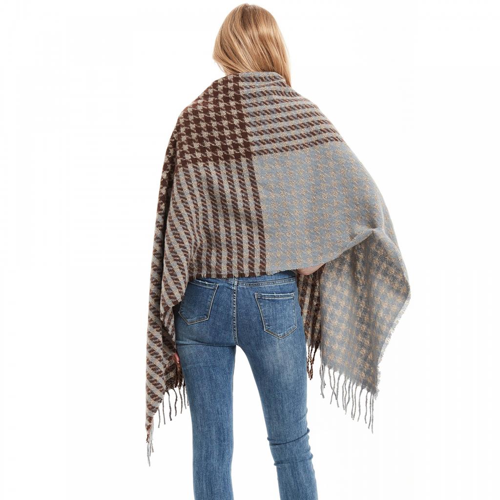 Autumn Winter Scarf Brown Houndstooth Scarf Women's Tassel Shawl