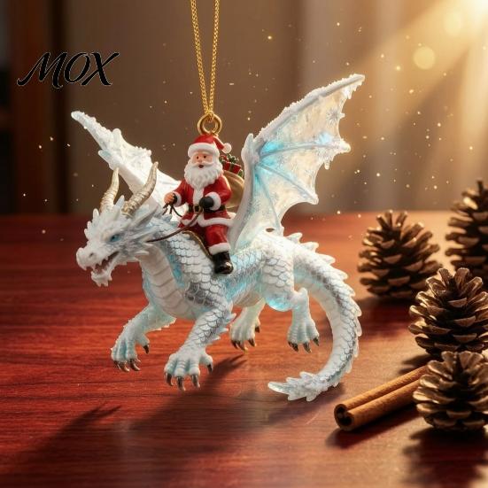 Unique Holiday Tree Pendants 2Pcs Santa Dragon Rider Christmas Ornament, 2D Acrylic Flying Fantasy Style Decor Claus Hanging Decor, Festive