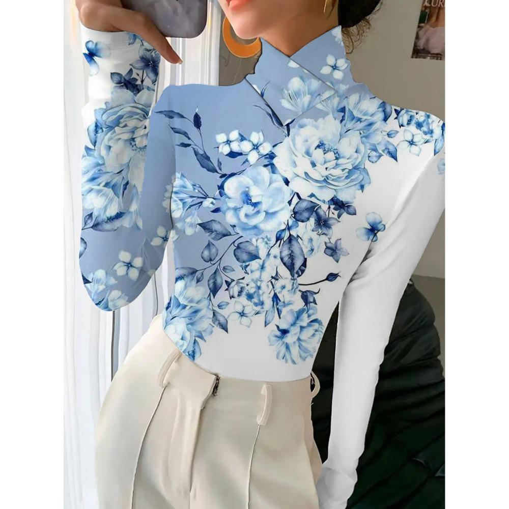 Women's Sexy Turtleneck Long Sleeve T-Shirt, Regular Length, All Seasons, Blue Flower Design