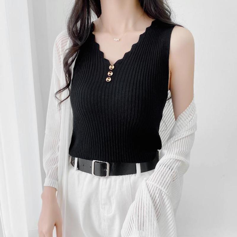 WTEMPO Ледяной шелк, однотонная спортивная майка, женские тонкие корейские повседневные жилеты с v-образным вырезом, без рукавов, на пуговицах, вязаные топы на бретелях