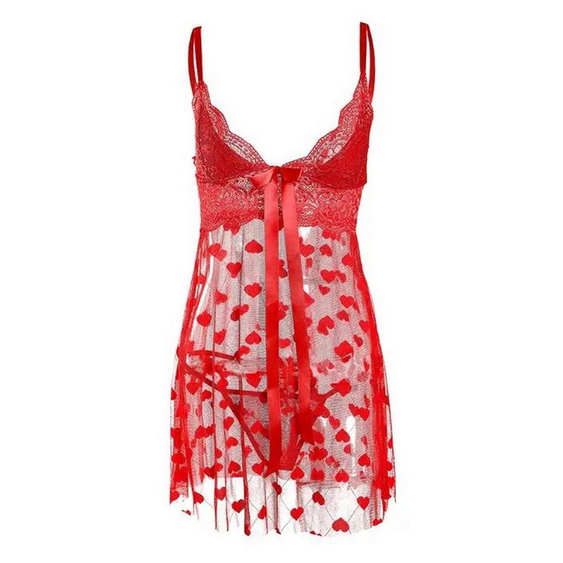 Сексуальное кружевное цельное платье, женские тюлевые пижамы, свадебный подарок, искушение, ночная рубашка, прозрачная униформа с красным принтом