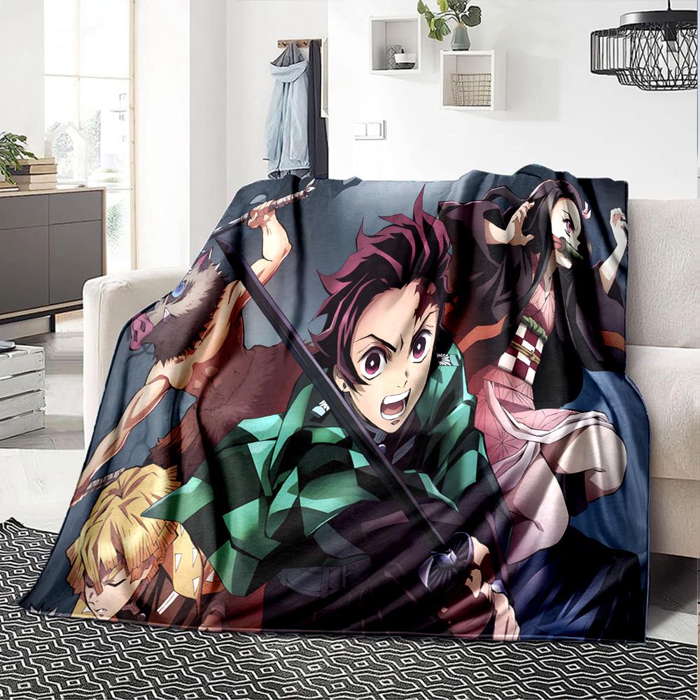 Demon Anime Group Flannel Blanket, Soft Polyester, Modern Design, All-Season for Camping, Travel, Gifts for holidays or birthdays