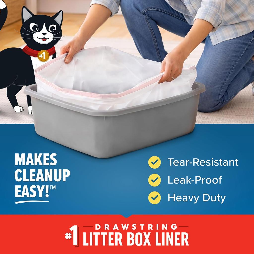 Litter Box Liners: Heavy Duty - Tear  Leak Resistant - Drawstring Close - Jumbo 15 Count