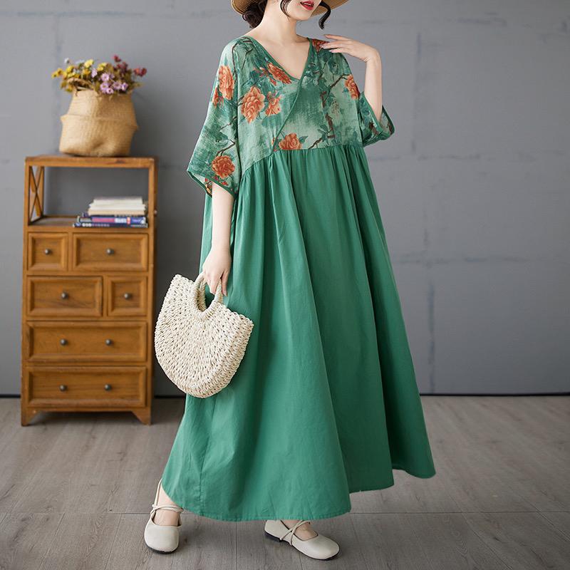 DIMANAF 2025 Plus Size Summer Women Basic Dress Vintage Floral Printing Casual Loose V-Neck Long Dress Maxi