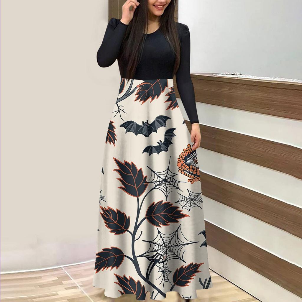 Женское модное повседневное платье макси с круглым вырезом и длинными рукавами