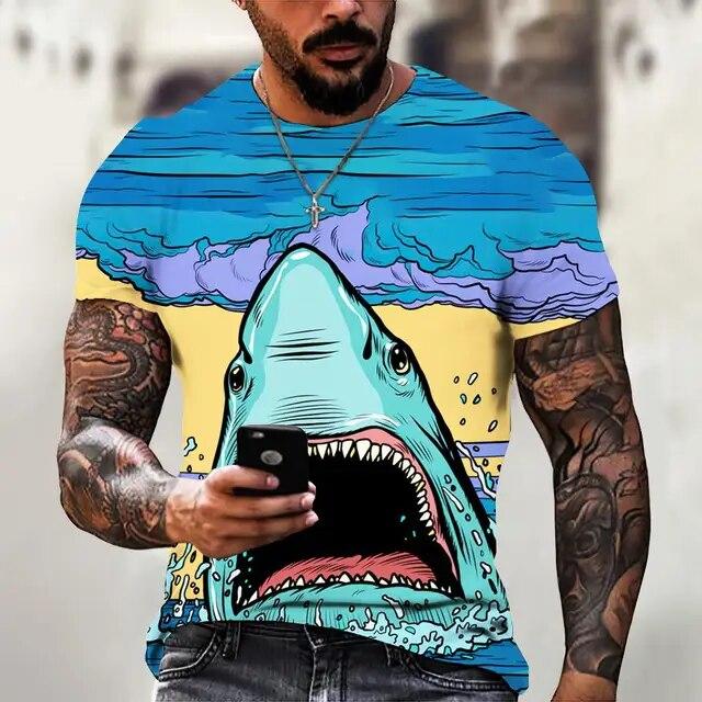 T Shirt For Men Anime Shark Print Men's T Shirt Hip Hop Style Short Sleeve Tops Summer Round Neck Streetwear Oversized Tees