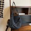 Vintage Trendy Cow Horn Bag Pleated Plaid Lightweight Canvas Bag Zipper Closure Large Capacity Crossbody Bag Leisure