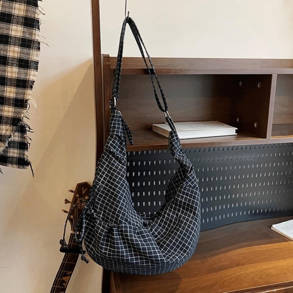 Vintage Trendy Cow Horn Bag Pleated Plaid Lightweight Canvas Bag Zipper Closure Large Capacity Crossbody Bag Leisure