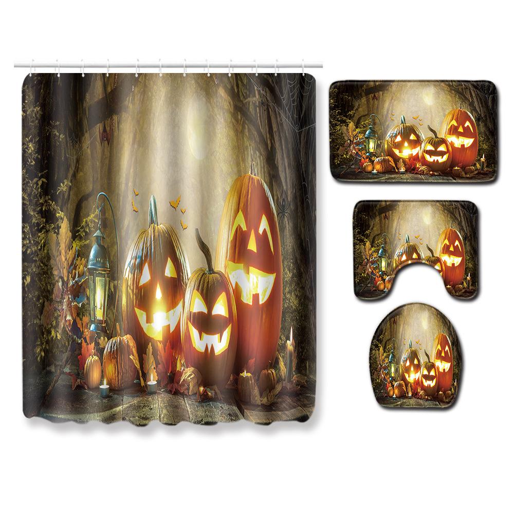Halloween Shower Curtain Floor Mat Combination Four-Piece Set Bathroom Toilet Carpet Shower Room Foot Mat